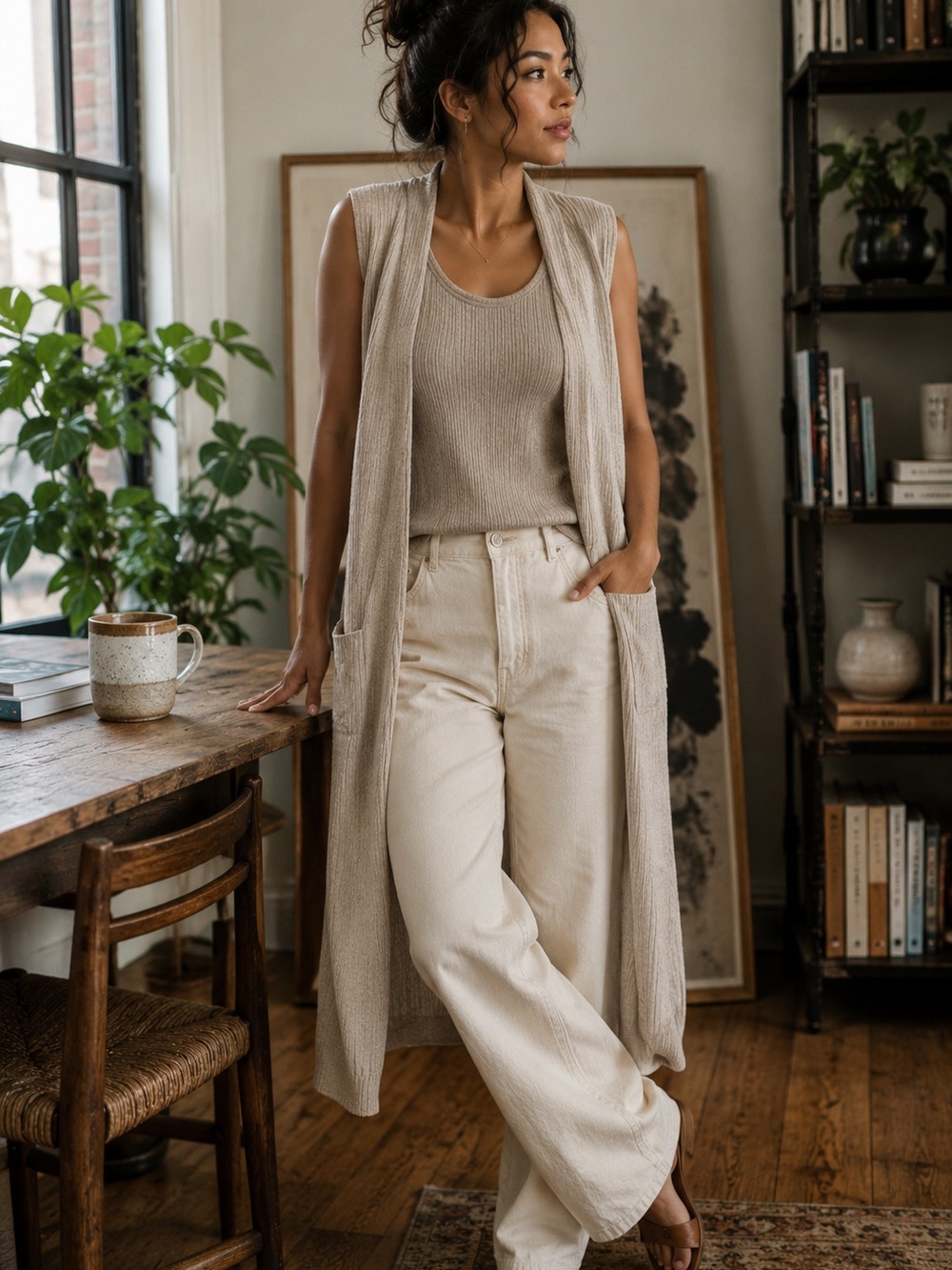 Sleeveless Long Knit Vest with Tank - Beige